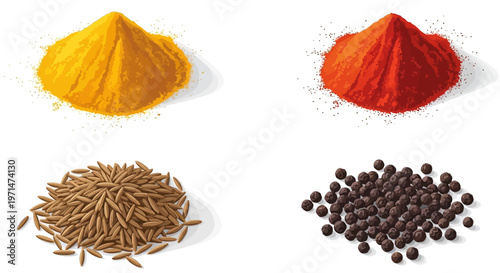 Spices and herbs powder and seeds on white background