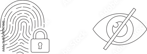 Biometric security icons set, fingerprint with padlock for data protection, hidden eye with slash for privacy and incognito mode, vector line art