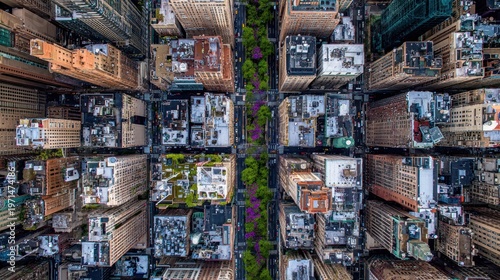 High angle view captures dense urban canyon lined with towering structures and central green space
