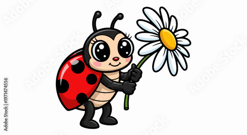 Cute ladybug cartoon character, holding daisy flower, colorful insect illustration, vector graphics