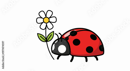 Cute ladybug, cartoon insect, red black spots, flower icon, vector illustration