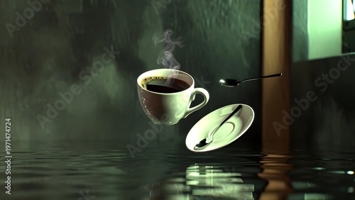 Surreal floating coffee cup and saucer with dramatic reflections