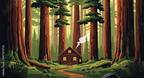 Cozy wooden cabin nestled deep within a serene forest