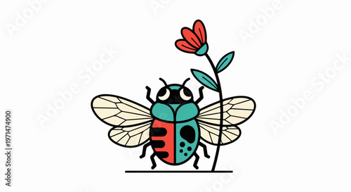 Colorful beetle insect icon, flower illustration, bug graphic, nature symbol