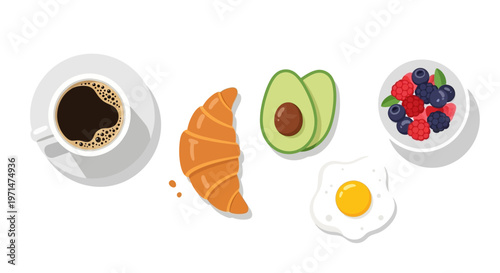 Breakfast food and drink coffee croissant avocado egg fruit