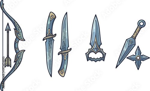 Medieval fantasy swords and bow weapons.