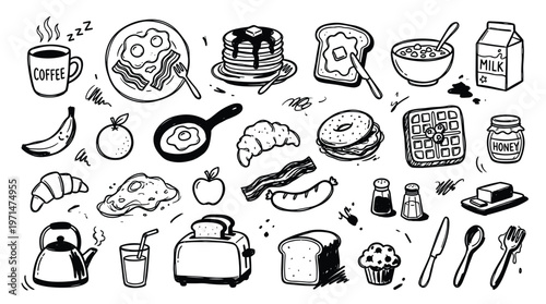 Hand drawn breakfast food collection with coffee pancakes toast eggs and fruits on white background
