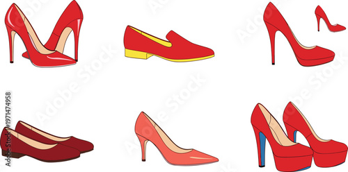 Women Footwear Icon Set Featuring High Heels, Flats, Platform Shoes, and Loafers in Red Shades for Fashion, Style, and Shoe Collection Design