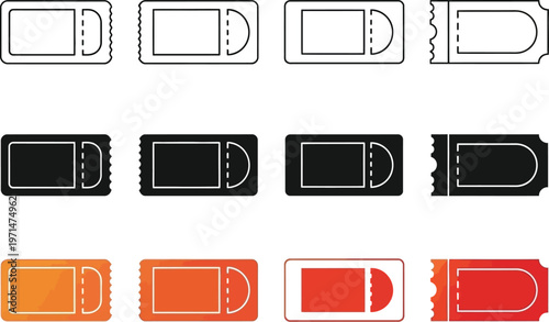 Ticket vector icon set featuring various minimalist graphic designs for events entertainment movies travel and simple admission entry passes