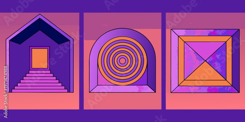 Abstract geometric art featuring three colorful doorway shapes on purple