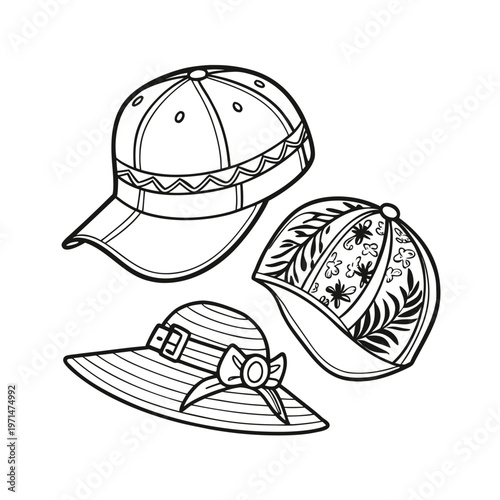 Vector hats, baseball cap, sun hat, floral hat, line art, black and white, illustration, 3 hats