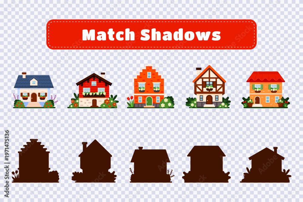 Fototapeta premium Educational game for kids on transparent background. Match shadows: houses.Preschool educational activity worksheet.Illustration for kids books and workbooks. Logical quest for children. Vector