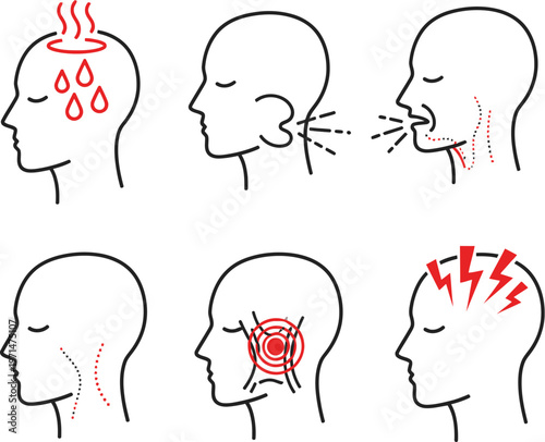 Human health symptoms vector illustration set showing medical conditions like fever cough sore throat headache and facial pain icons