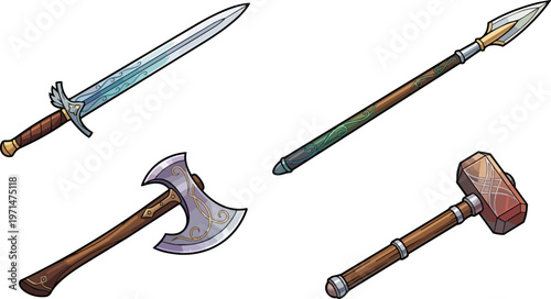 Medieval sword axe dagger mallet weapons.