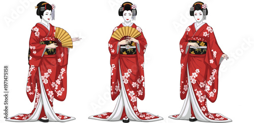 Traditional Japanese Geisha in Kimono Vector Illustration Set with Red Floral Kimono, Fan and Japanese Culture Characters Collection