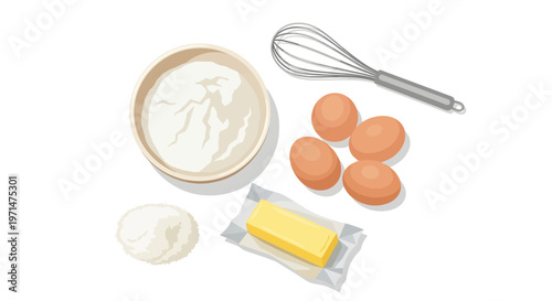 baking ingredients eggs butter flour whisk cream