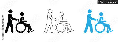 Vector icon of a person helping another person in a wheelchair on white background