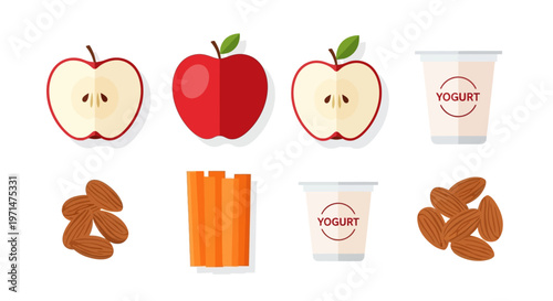 Healthy snack food illustration with apples almonds yogurt and cheese