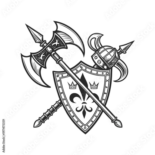 Medieval shield, crossed axes, crown emblem, heraldry vector, coat of arms, knightly crest