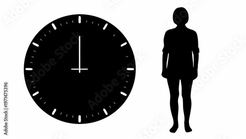 Person standing still beside large clock face with white background symbolizing time standing still patience and contemplation in a simple modern setting
