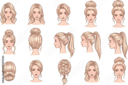Women Hairstyles Front, Side and Back View Vector Illustration Set with Bun, Ponytail and Wavy Hair Styles Collection