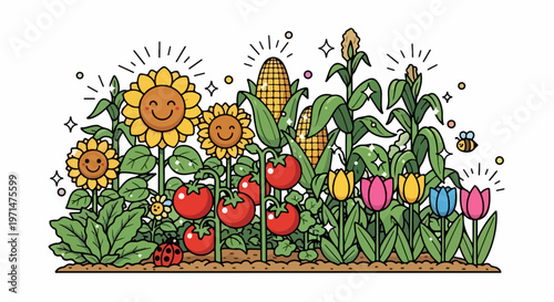 Colorful garden icons, cartoon vegetables, flowers and insects, flat vector illustration