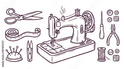 Sewing machine and tailoring tools: hand drawn doodle set for dressmaking and fashion design
