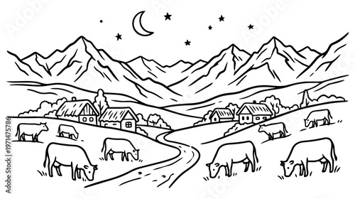 Mountain valley with cows: hand drawn rural landscape vector illustration with meadows and hills