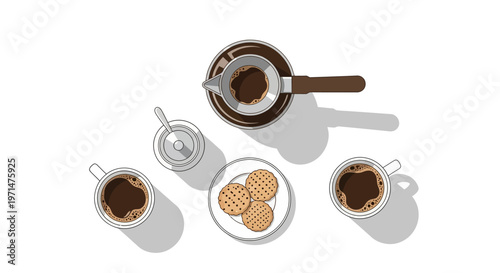 Coffee cups and cookies on a plate with coffee pot