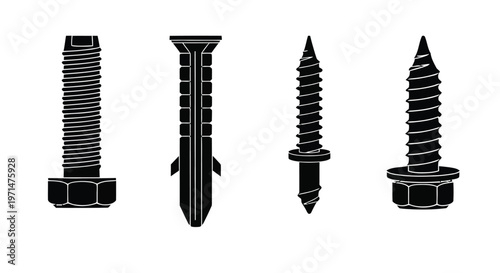 Variety of black wall anchors and screws presented in a linear arrangement