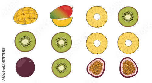 Assorted tropical fruit slices and whole fruits illustration