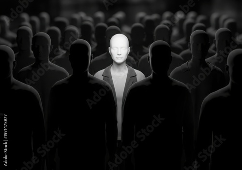 A lone figure stands out amidst a sea of indistinguishable silhouettes