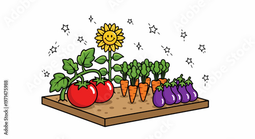 Colorful garden vegetables, cartoon tomato, carrot, eggplant, vector icons