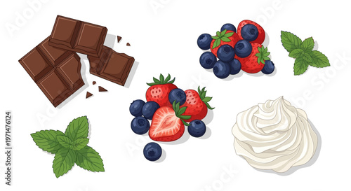 Chocolate and fresh berries with whipped cream and mint leaves