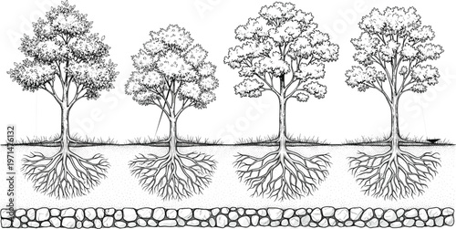 Monochrome vector illustration of trees with visible root systems underground showing soil layers and rocks for nature and biology education