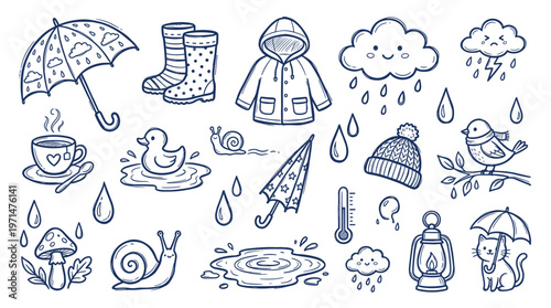 Charming hand drawn collection of rainy day essentials and cute characters for weather and seasonal themes