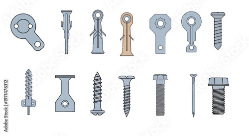 Assorted hardware fasteners including screws bolts and wall anchors displayed in a line