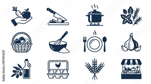 Fresh Food and Cooking Ingredients Icons Set, Healthy Eating and Culinary Preparation on Isolated White Background