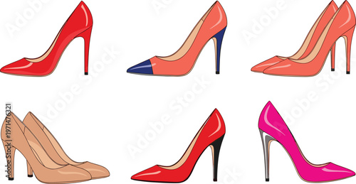 High Heel Shoes Icon Set Featuring Elegant Stiletto Pumps in Red, Nude, and Pink Colors for Fashion, Glamour, and Footwear Design