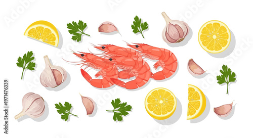 Shrimp with lemon slices garlic and parsley on white background