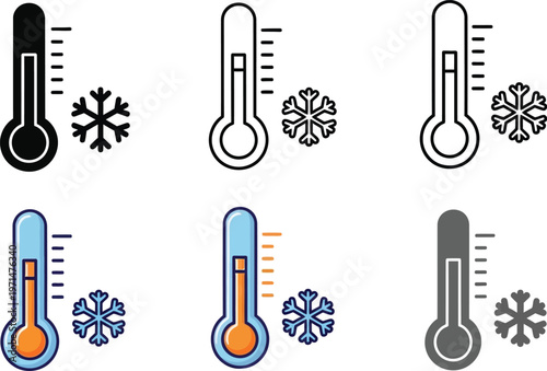 Collection of Thermometer and Snowflake Vector Graphic Icons Representing Cold Winter Weather and Freezing Point Conditions Design
