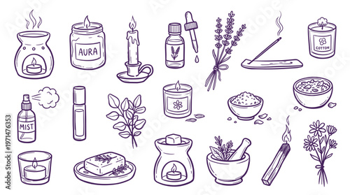 Aromatherapy and Wellness Essentials Collection Hand Drawn Line Art Elements for Spa and Self Care