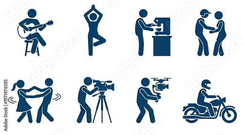 People Enjoying Various Hobbies and Leisure Activities Icons Set, Recreation and Entertainment on Isolated White Background