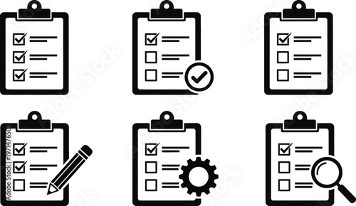 Vector checklist clipboard icons illustration set for task management, project completion, business planning, and setting preferences graphic design.