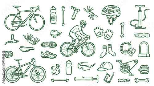 Cycling equipment and accessories collection for road and mountain biking enthusiasts