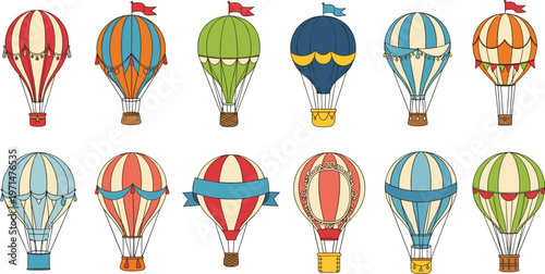 Colorful Hot Air Balloon Icon Set Featuring Vintage Striped Designs for Travel, Adventure, Aviation, Festival, and Sky Transportation Illustration