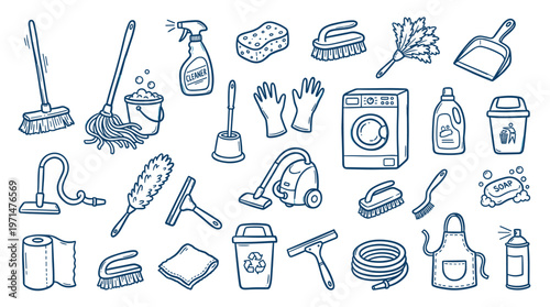 Collection of cleaning supplies and tools for household chores and hygiene maintenance