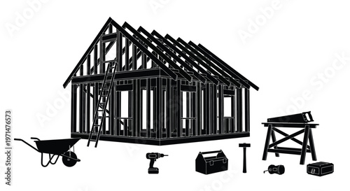 Black and white illustration of a house frame with construction tools nearby