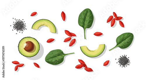 Avocado slices and leaves with goji berries and chia seeds