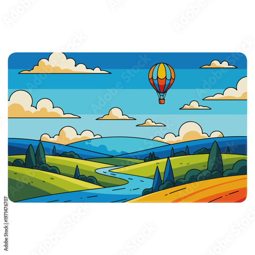 Colorful Hot Air Balloon Rural Valley Landscape Vector Illustration